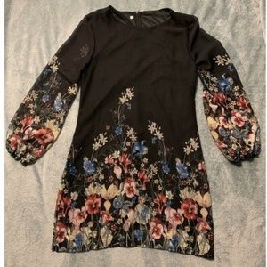 Long Sleeve Floral Black Dress Medium